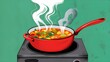 Red pan with vegetables soup on kitchen stove. Hot food smoke and boiling while cooking top view. Open pot with handle kitch

enware graphic design. Dinner preparation in bowl on electric cooker, 