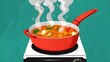 Red pan with vegetables soup on kitchen stove. Hot food smoke and boiling while cooking top view. Open pot with handle kitch

enware graphic design. Dinner preparation in bowl on electric cooker, 