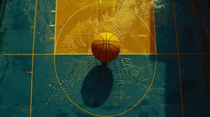 Poster -   A basketball rests at the center of a bare basketball court