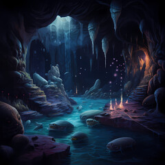 Canvas Print - Bioluminescent animals in a dark mysterious cave. 