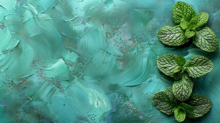 Sticker -   A detailed depiction of mint leaves against a blue-green backdrop, featuring a central white speck