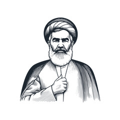 Poster - A muslim cleric scholar. Black white vector illustration.