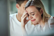 Stress, depression or couple with computer for internet, search or divorce application at home. Anxiety, comfort or man hug crying girl in house with email alert of debt, bankruptcy or financial scam