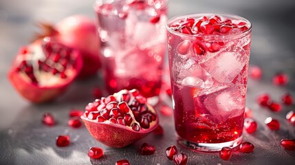 Poster -   A glass holding a chilled pomegranate beverage, garnished with a pomegranate slice