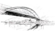 Sketch of modern arch bridge over river