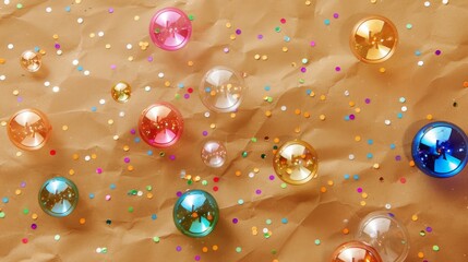   A table covered in various colored balls and confetti atop brown paper