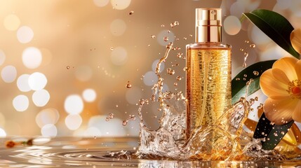 Poster -   A tight shot of a perfume bottle, water cascading around it, and a nearby blooming flower