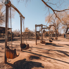 Wall Mural - Deserted playground with rusty swings and slides. 