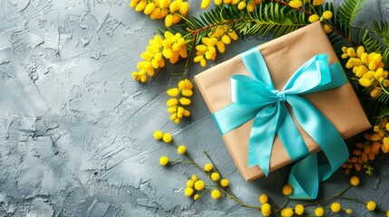 Wall Mural -   Gift wrapped in brown paper, accessorized with a blue ribbon and bow, against a gray backdrop with scattered yellow flowers