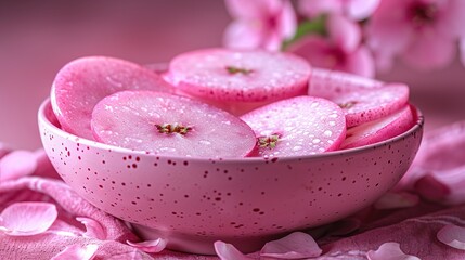 Canvas Print -  A pink bowl brimming with slivered radishes nestled amidst pink petals spread over a pink tablecloth