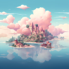 Wall Mural - Floating islands in a pastel-colored sky.