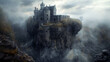A castle is perched on a rocky cliff, with a foggy sky in the background