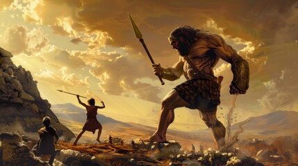 Wall Mural - David facing goliath on the field in high resolution and quality