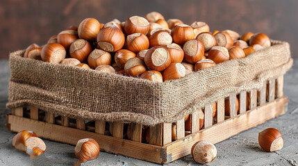 Canvas Print -   A wooden box brimming with nuts positioned atop a cement slab near an elevated nut stash