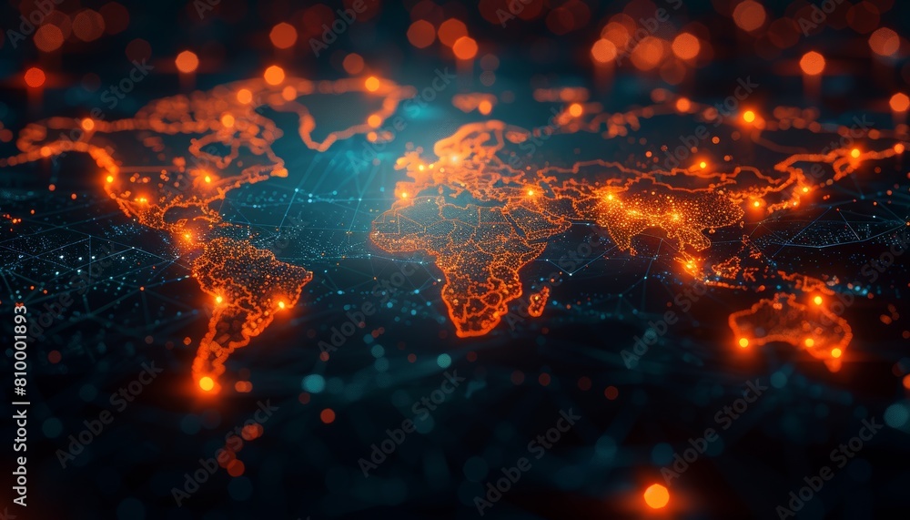 Global network with world map and glowing connections on dark ...