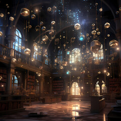 Poster - Magical library with floating books and glowing orbs