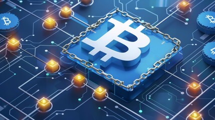Leinwandbilder - A symbolic representation of a Bitcoin secured by digital chains on a cryptographic background.