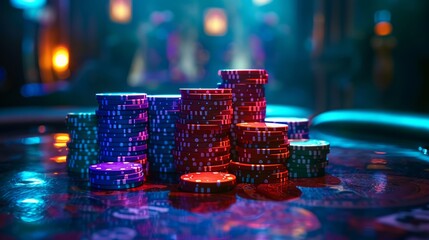 Stacks of glowing poker chips in a dark room illuminated by a single overhead light hinting at underground gambling.