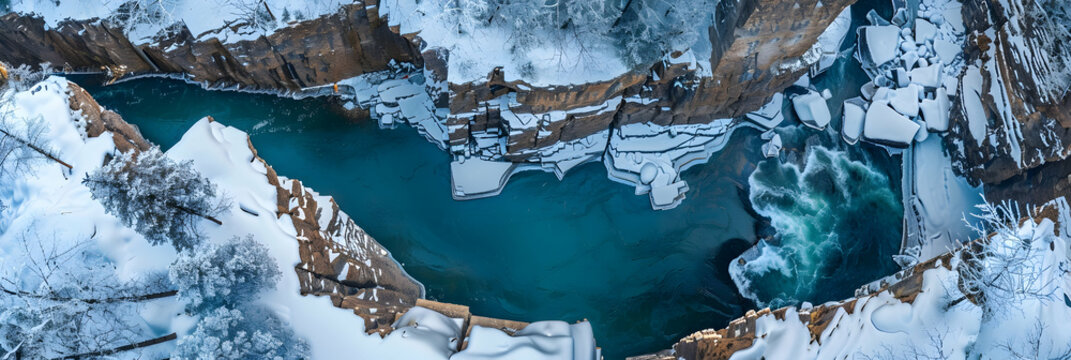 A dramatic aerial view of a snowy escarpment cliff, with jagged edges overlooking a frozen river in a secluded valley