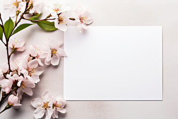 Elegant mockup of blank white card surrounded by delicate cherry blossoms on textured background, ideal for spring-themed designs