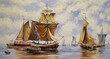 Oil paintings sea landscape, old sailing ship in the harbor, fishermen
