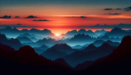 Wall Mural - A wide panoramic image capturing the layered silhouettes of mountain ranges at sunset. The mountains overlap each other with distinct outlines