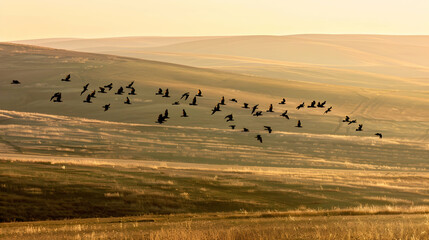 A flock of birds soaring above the vast, undulating grasslands of the steppes, casting shadows on the earthy tones below