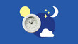 Circadian clocks or biological clock and insomnia. Clock with day night concept. Day schedule. Blue sky with clouds and sun. Moon and stars in the night