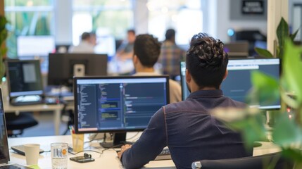 Poster - A programmer is focused on coding at his workstation with colleagues and computers in the background.