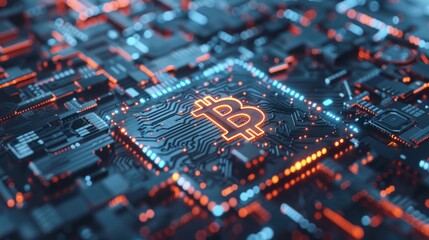 Aufkleber - A physical representation of a bitcoin symbol engraved on a computer chip, symbolizing the integration of cryptocurrency with technology.