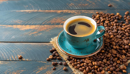 Cup of coffee and beans on an old kitchen table. Coffee grower. A hot morning invigorating drink. Place for text. Copy space