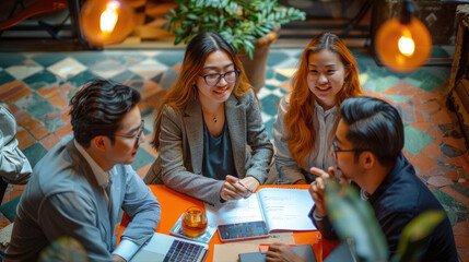 Social group smiles happily at table while discussing youth adaptation