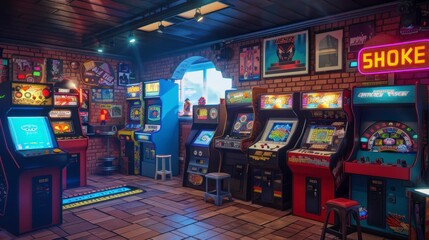 Wall Mural - Retro arcade room with old video game machines with soft neon lights in high resolution and high quality. concept video games,arcade,room,retro