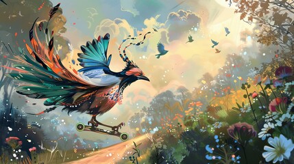 Wall Mural - ai generated illustration of a colorful bird skateboarding in a lush jungle