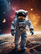 Envision an astronaut in cosmic gear, walking on a bright surface, space beyond.
