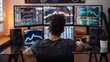 A person is focused on analyzing graphs and data across multiple monitors in a well-equipped home trading setup.
