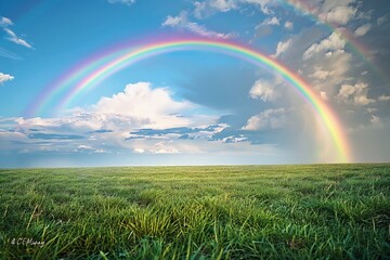  Beautiful rainbow in the sky over green grass field,  Nature background