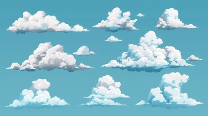 set of cartoon clouds on a clear blue sky. ideal for weather forecasts and children's illustrations