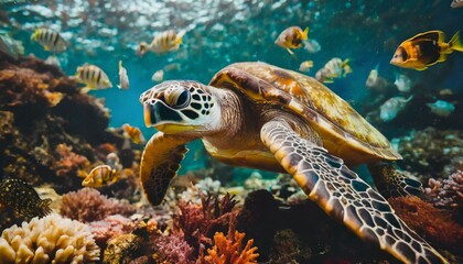 Poster - Sea turtle swimming on group of colorful fish