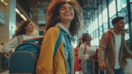 A group of multiethnic friends with luggage at an airport. Travel and adventure concept