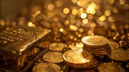 Poster - A collection of shiny gold coins piled up with a single gold bar beside them.
