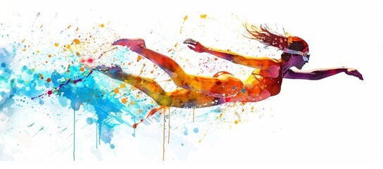 Watercolor illustration of a female swimmer diving into the water, with a white background, splash paint effect, and colorful splashes and drips Generative AI