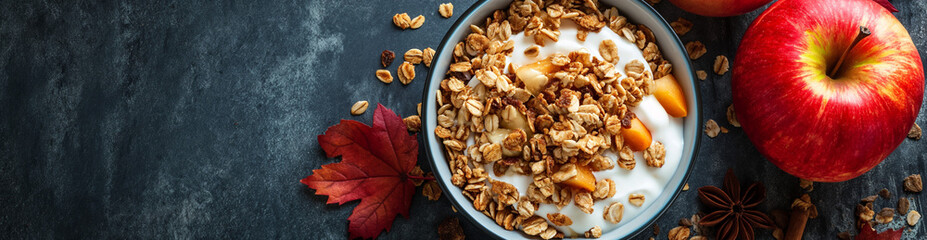 Wall Mural - Yogurt with granola and fresh berries. Greek Yogurt with wild organic berries and oatmeal on a wooden table. Farm healthy homemade yogurt. Diet food. Healthy breakfast. Place for text.