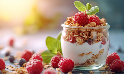 Wall Mural - Yogurt with granola and fresh berries. Greek Yogurt with wild organic berries and oatmeal on a wooden table. Farm healthy homemade yogurt. Diet food. Healthy breakfast. Place for text.
