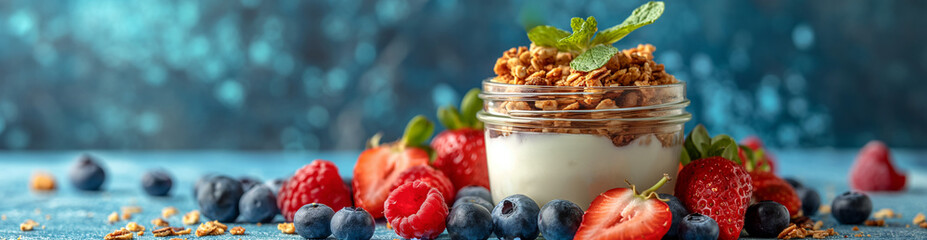 Wall Mural - Yogurt with granola and fresh berries. Greek Yogurt with wild organic berries and oatmeal on a wooden table. Farm healthy homemade yogurt. Diet food. Healthy breakfast. Place for text.