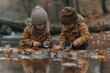© Larisa AI - Two kids dressed in matching autumn outfits investigate fallen leaves using magnifying glasses near a stream