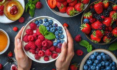 Wall Mural - Yogurt with fresh raspberries and blueberries. Greek Yogurt with wild organic berries. Farm healthy homemade yogurt on texture table. Diet food. Healthy breakfast. Place for text.