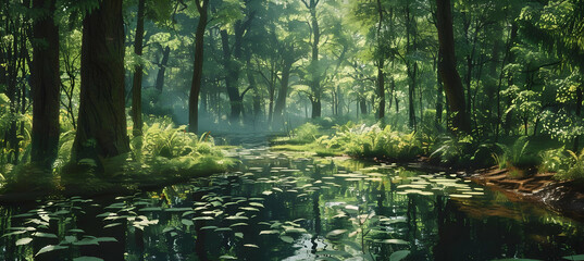 A late summer's day in a deciduous forest, showcasing a tranquil stream lined with lush, green vegetation and dappled sunlight creating patterns on the water's surface