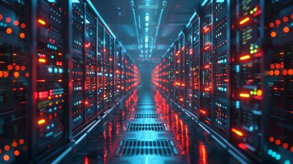 Poster - Aisle between advanced server racks glowing with LED lights in a high-tech data center.