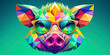 The brightly coloured geometric design depicts the face of a pig wearing round, orange-rimmed glasses.The pattern is a mosaic of different shapes in various shades of green, purple, yellow and blue.AI